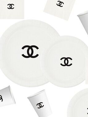 Custom Fashion Party Paper Plates, Napkins and Cups Set, Black with White, 60pcs